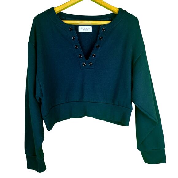 VICTORIA SECRET Cropped Long Sleeve Pullover V Neck with Grommets Black Sz L - Picture 1 of 6